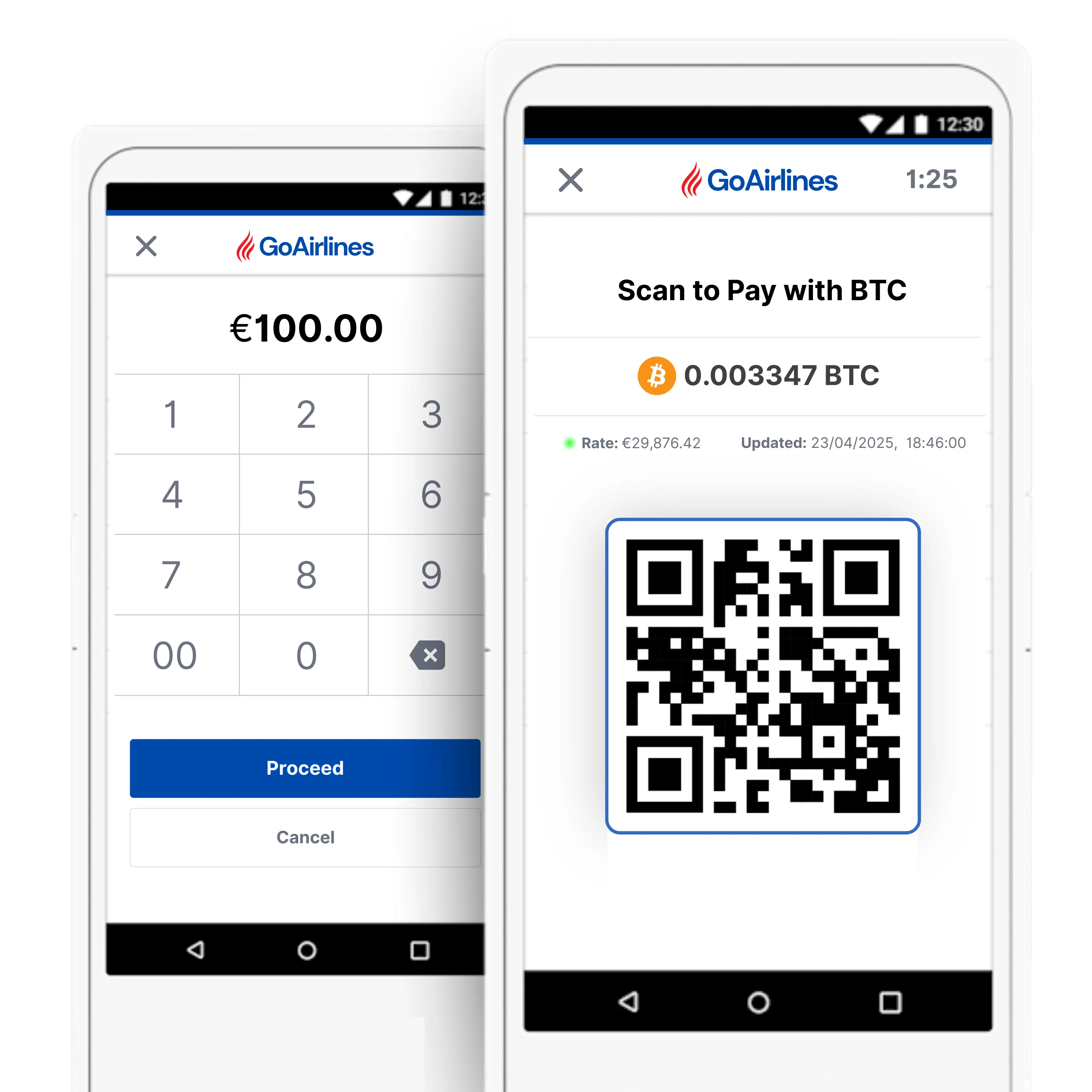 Phone mockup showing crypto payment interface